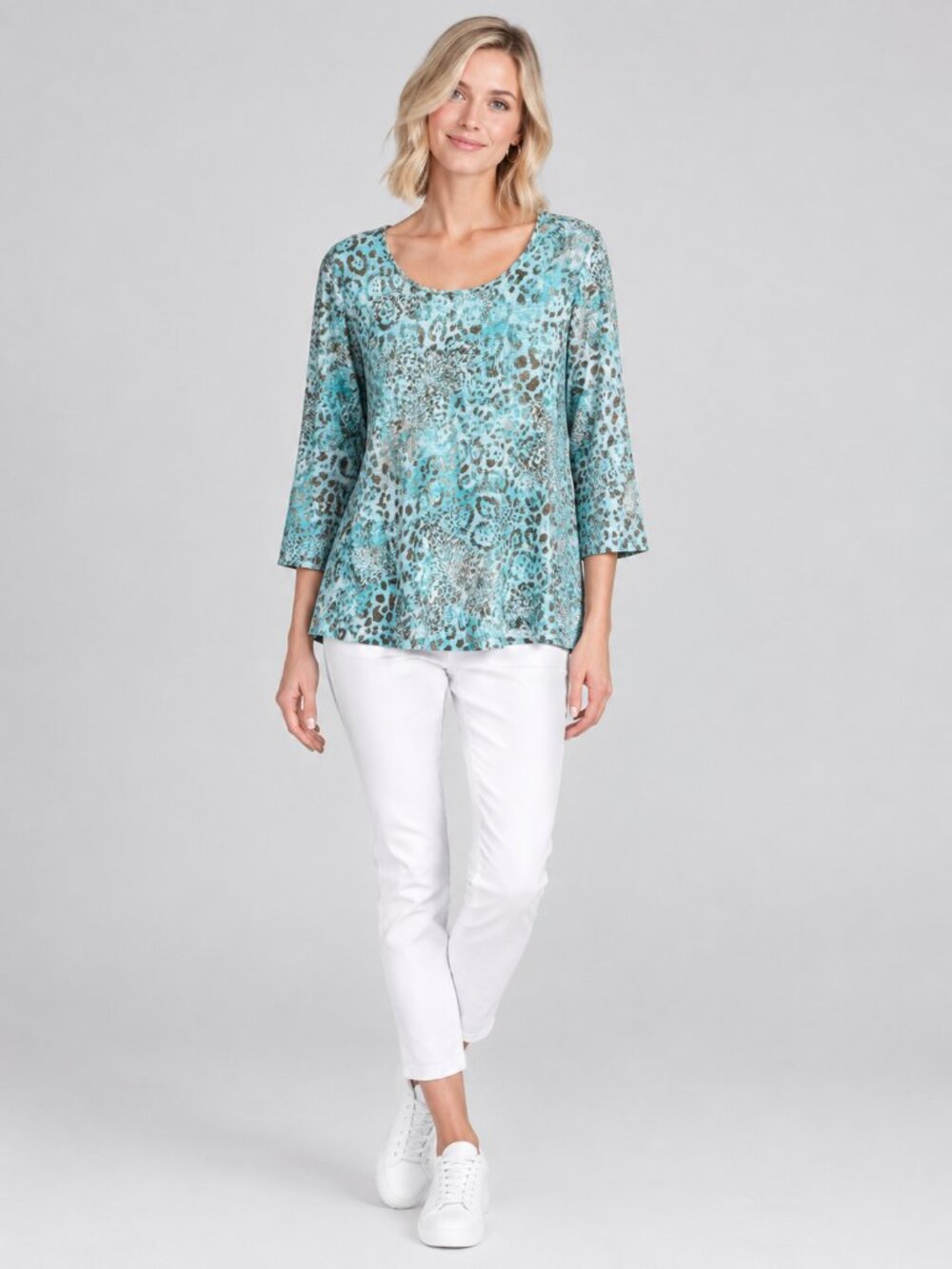 2/$30 Chico's Animal Print Blouse 3/4 Sleeve Aqua Blue Brown Multi 8 #A4927